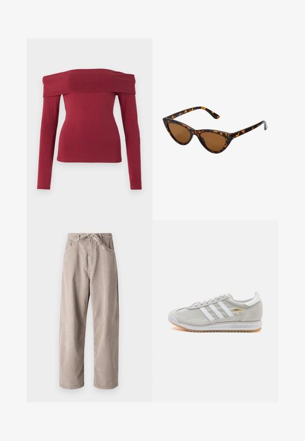 Maroon off-shoulder top met lange mouwen. Aansluitend ontwerp, gladde textuur en een brede halslijn. Eenvoudige, minimale stiksels bij de manchetten en de zoom.; Beige corduroybroek met een losse pasvorm, voorzien van een tailleband met trekkoord, twee voortassen en een verticale ribbelstructuur.; Lichtgrijze sneaker van suede en mesh, met drie witte strepen, ronde neus en een gumrubberen zool. Gouden logo-accent bij de veters.; Cat-eye zonnebril met een zwart en oranje schildpadframe, bruine lenzen en slanke, puntige uiteinden. Bevat een minimalistisch logo op de poot.