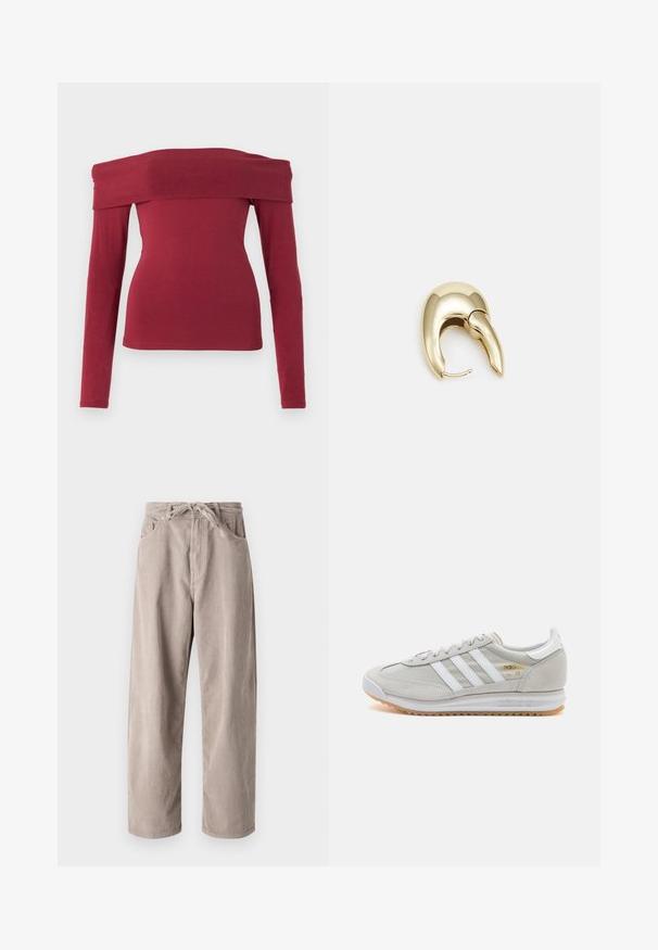 Bordeaux av-axeln långärmad topp. Fitted design, mjuk textur och en vid halsringning. Enkel, minimal sömnad vid ärmslut och fåll.; Beigefärgade kordflorsebyxor med lös passform, med dragsko i midjan, två framfickor och vertikal ribbad textur.; Ljusgrå sneaker i mocka och mesh, med tre vita ränder, rund tå och en sula av gummi. Guldlogotyp som accent vid snörningen.; Örhänge i guldtonad metall med en elegant, böjd design. Har en distinkt spetsig form, polerad yta och gångjärnslås.