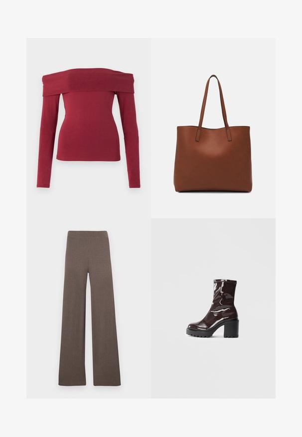 Maroon off-the-shoulder long-sleeve top. Fitted design, smooth texture, and a wide neckline. Simple, minimal stitching at cuffs and hem.; Ribbed wide-leg pants in a dark brown color, featuring a stretchy waistband and a soft, textured fabric.; Glossy burgundy ankle boot with a chunky black heel, featuring a smooth texture and simple design. No visible fastenings or patterns.; Brown leather tote bag with a smooth texture, open top design, and two shoulder straps. Features minimal stitching and no visible hardware.