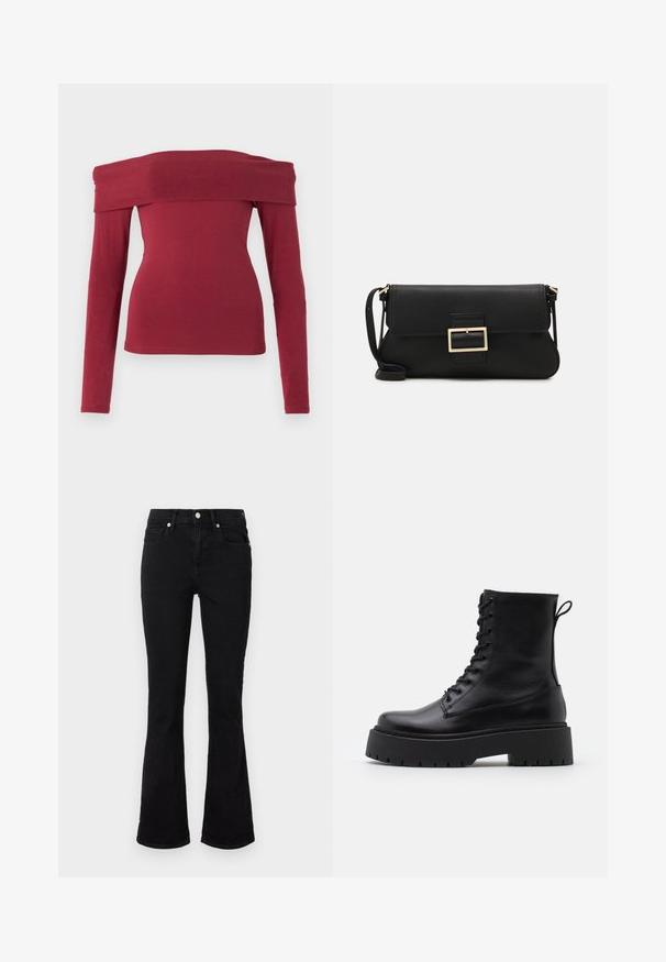 Bordo off-the-shoulder ilgi piedurknes tops. Pieguļošs dizains, gluda tekstūra un plaša kakla izgrieztne. Vienkāršas, minimālas šuves pie piedurknēm un apakšmalas.; Melni zvilnēti džinsi ar izplestiem iekšējiem galiem, ar vidēju vidukļa augstumu, priekšējām kabatām un pogu aizdari. Gluda tekstūra ar minimālām šuvju detaļām.; Melni ādas potītēm zābaki ar apļveida purngalu, auklām priekšpusē un biezu gumijas zoli ar teksturētu protektoru. Velkšanas cilpa aizmugurē.; Melnas ādas saķeres soma ar atloku un zelta metāla sprādzi. Ietver melnu siksnu un elegantu, minimālistisku dizainu.