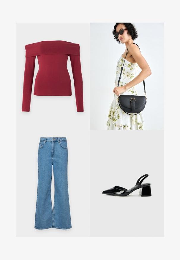 Bordowy top z odkrytymi ramionami i długimi rękawami. Dopasowany fason, gładka tekstura i szeroki dekolt. Proste, minimalistyczne szwy przy mankietach i dolnym brzegu.; Jasnoniebieskie dzwony z denimu, z wysokim stanem, pięcioma kieszeniami i zapięciem na jeden guzik. Miękka tekstura z wyblakłym wykończeniem.; Czarne lakierowane półbuty na obcasie z wydłużonym noskiem i geometrycznym słupkiem. Charakteryzują się eleganckim, minimalistycznym designem oraz gładką fakturą.; Czarna skórzana torebka o zakrzywionym kształcie, z odpinanym paskiem i złotymi akcentami. Torebka posiada klapę z zapięciem w kształcie klamry.