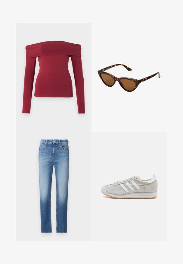 Bordeauxfarbendes Off-Shoulder Langarmoberteil. Figurbetontes Design, glatte Textur und weiter Ausschnitt. Schlichte, minimalistische Nähte an den Bündchen und am Saum.; Hellblaue Denim-Jeans mit geradem Schnitt, verwaschenem Look, fünf Taschen und einem Knopfverschluss an der Taille. Auffälliges Steppdetail.; Hellgraue Sneaker aus Wildleder und Mesh, mit drei weißen Streifen, runder Zehenpartie und einer Sohle aus Gummi. Goldenes Logo-Detail nahe der Schnürsenkel.; Katzenaugen-Sonnenbrille mit einem schwarz-orangenen Schildpattrahmen, braunen Gläsern und schlanken, spitzen Enden. Verfügt über ein minimalistisches Logo am Bügel.