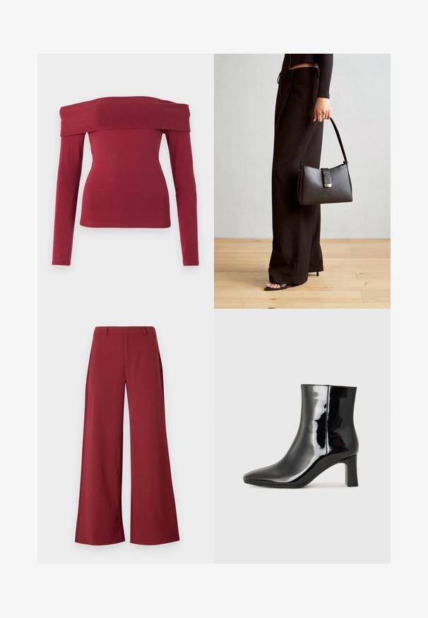 Burgunderfarget off-the-shoulder langermet topp. Tett design, glatt tekstur og vid halslinning. Enkle, minimalistiske sømmer ved mansjettene og kanten.; Vide bukser i en dyb bordeaux farve. Lavet af et glat, strækbart stof med skræddersyede sømme og en lynlåslukning foran.; Sorte patentlær ankle boot med spiss tå og en mellomhøy blokkhelt. Glatt tekstur og minimalistisk design.; Svart håndveske med strukturert form, jevn tekstur og metallisk lås. Kombinert med brede svarte bukser og sandaler med åpen tå på tregulv.