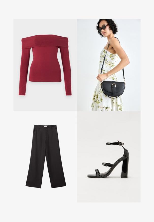 Bordowy top z odkrytymi ramionami i długimi rękawami. Dopasowany fason, gładka tekstura i szeroki dekolt. Proste, minimalistyczne szwy przy mankietach i dolnym brzegu.; Czarne spodnie z szerokimi nogawkami, wykonane z gładkiego materiału, z przednim zamkiem błyskawicznym i dwoma bocznymi kieszeniami, o dopasowanym kroju i minimalistycznym wzornictwie.; Czarne lakierowane sandały na obcasie z kwadratowym noskiem, z paskami wokół kostki i srebrnymi klamrami. Posiadają masywny słupek dla stabilności.; Czarna skórzana torebka o zakrzywionym kształcie, z odpinanym paskiem i złotymi akcentami. Torebka posiada klapę z zapięciem w kształcie klamry.