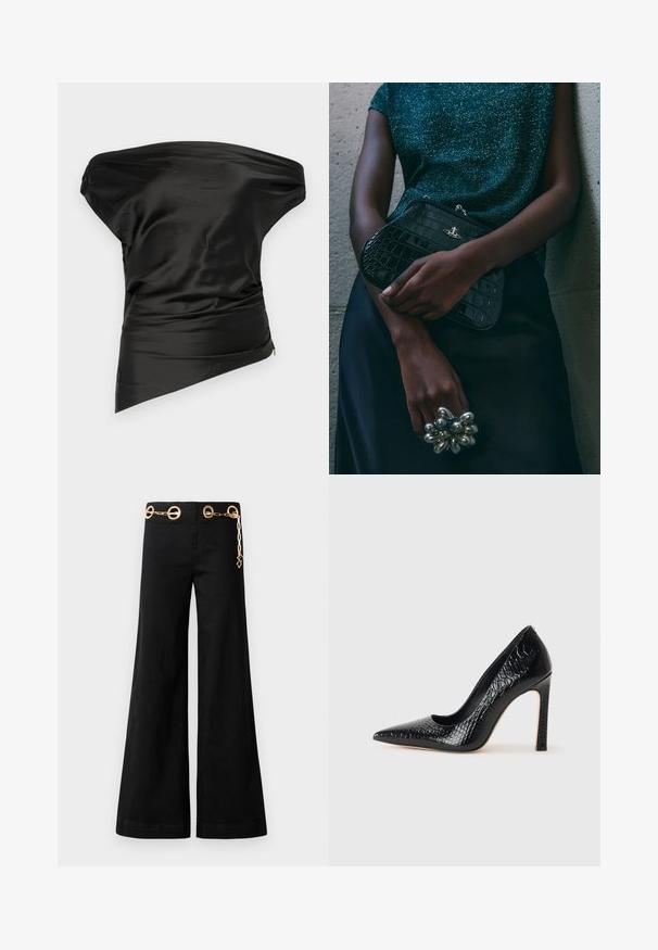 STAUD PHARE - Top - black; Černé široké kalhoty vyrobené z bavlny, se zlatými kruhovými detaily a řetízkovým prvkem na pase. Hladký povrch, čistý střih.; Černý lodičkový bot s špičatou špičkou, pokrytý texturou krokodýlí kůže, s elegantním designem, vysokým stiletto podpatkem a hladkým černým interiérem.; Černá kabelka ve tvaru psaníčka s krokodýlím vzorem a stříbrným kováním, držena proti texturovanému šedému pozadí. Vyznačuje se lesklým povrchem.