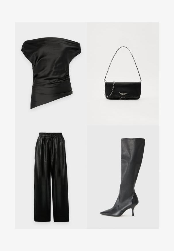 STAUD PHARE - Top - black; Černé kožené kalhoty s širokými nohavicemi a elastickým pasem, které mají dvě boční kapsy a hladkou, lesklou texturu.; Černé kožené vysoké boty do kolen s špičatou špičkou a štíhlým jehlovým podpatkem. Hladká textura s přiléhavým střihem a přešitím na horním okraji.; Černá kožená kabelka se stříbrným řetízkovým popruhem, zdobená dekorativními křídly a bílým prošíváním podél spodního švu.