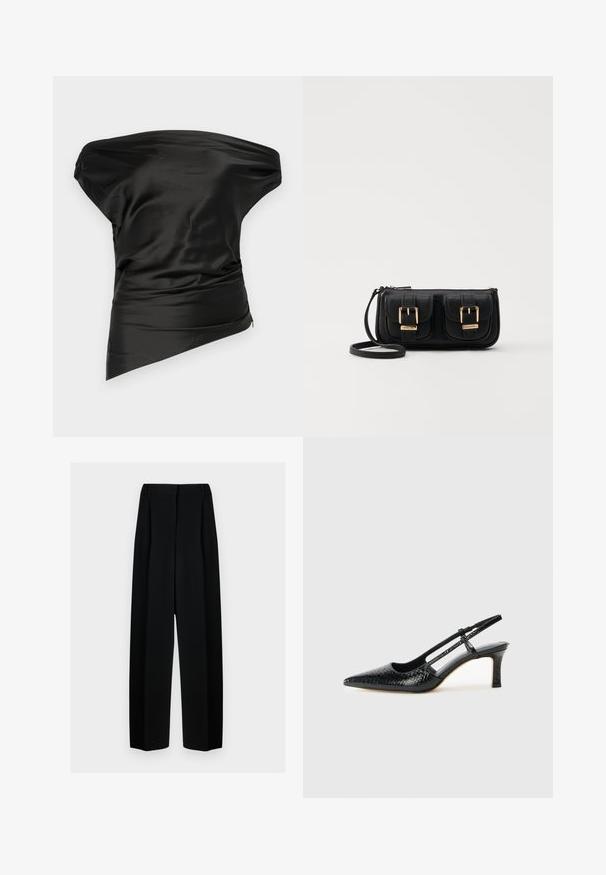 STAUD PHARE - Top - black; Schwarze weit geschnittene Hosen mit hoher Taille, die Falten und eine glatte Textur aufweisen. Der Stoff wirkt leicht und fällt elegant.; Schwarze Lack-Slingback-Pumps mit spitzem Zehenbereich, versehen mit strukturiertem Schlangenprint, verstellbarem Riemen und einem kurzen, strukturierten Blockabsatz.; Schwarze Leder-Umhängetasche mit zwei vorderen Taschen, goldenen Schnallen, Reißverschluss und einem schmalen Tragegurt. Texturierte Oberfläche und kompakte rechteckige Form.