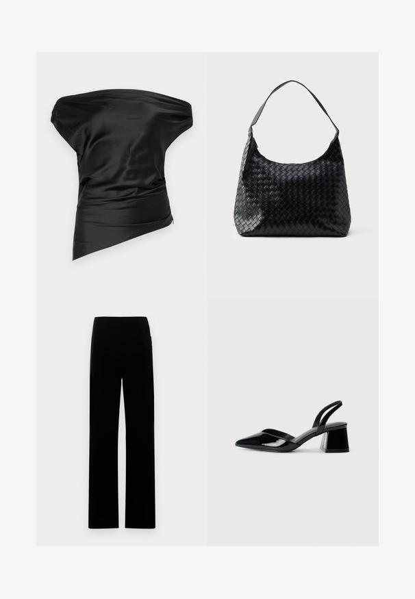 STAUD PHARE - Top - black; Black wide-leg trousers made from a soft fabric. Features a smooth texture and a flat waistband, designed for a relaxed fit.; Black patent leather slingback heels with a pointed toe and a geometric block heel. Features a sleek, minimal design and smooth texture.; Black woven leather bag with a single shoulder strap, featuring a soft, curved shape and a shiny finish. No external pockets visible.