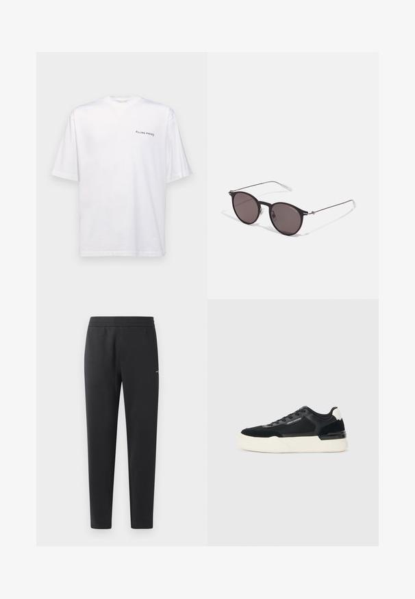 White short-sleeve t-shirt in cotton with a v-neck, featuring a black "FILLING PIECES" logo printed on the left side.; Black jogger pants made of soft fabric, featuring an elastic waistband, straight legs, and a single small logo detail on the side.; Black sneaker made of mesh and leather, featuring a thick white sole and contrasting accents. Laces and logo detail on the side.; Black round sunglasses with dark lenses and slim metal arms. Includes clear temple tips and silver accents at the hinge. Minimalist design.