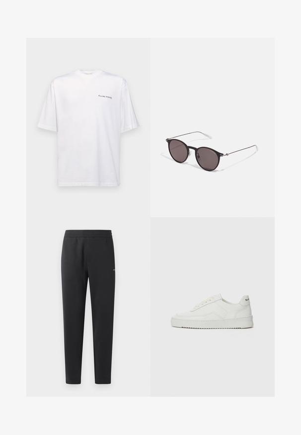White short-sleeve t-shirt in cotton with a v-neck, featuring a black "FILLING PIECES" logo printed on the left side.; Black jogger pants made of soft fabric, featuring an elastic waistband, straight legs, and a single small logo detail on the side.; White leather sneaker with a smooth finish, round toe, flat laces, and a textured sole. Features a subtle logo on the heel.; Black round sunglasses with dark lenses and slim metal arms. Includes clear temple tips and silver accents at the hinge. Minimalist design.