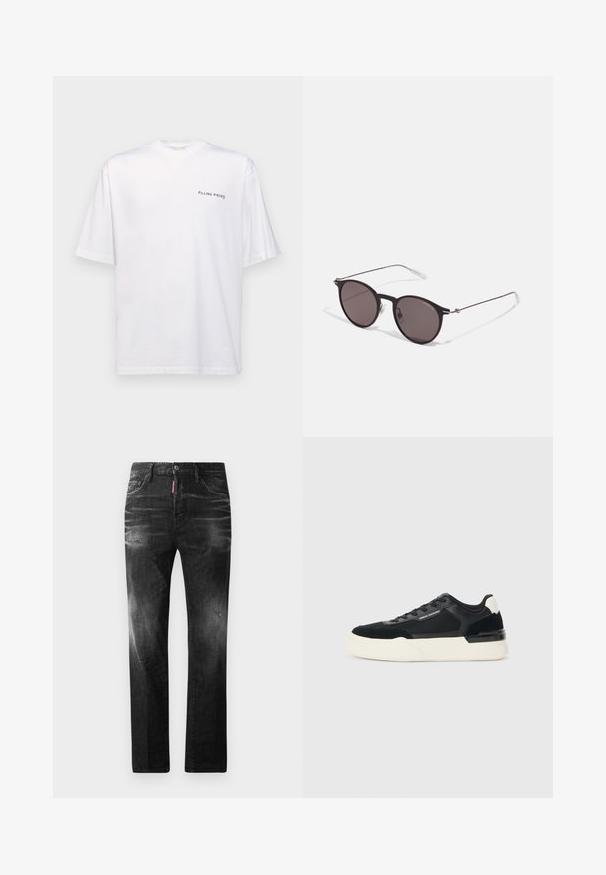 Hvid kortærmet t-shirt i bomuld med v-hals, med et sort "FILLING PIECES" logo trykt på venstre side.; Sorte denim jeans med lige pasform. Har falmede områder, mindre slid, klassisk fem-lommer design og knaplukning.; Sorte sneakers lavet af mesh og læder, med en tyk hvid sål og kontrasterende detaljer. Snørebånd og logo detaljer på siden.; Sorte runde solbriller med mørke linser og slanke metalarme. Inkluderer klare tempeltips og sølvdetaljer ved hængslet. Minimalistisk design.