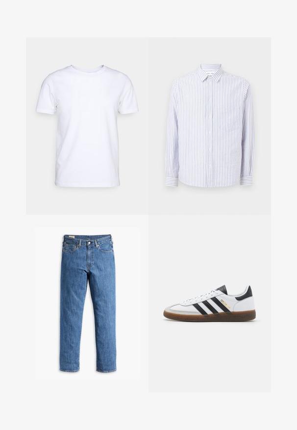 Tricou alb cu mânecă scurtă din material de bumbac, cu guler rotund. Design simplu, fără tipare sau accente. Textură netedă.; Cămașă cu dungi, de culoare albastru deschis și alb. Dispune de un guler ascuțit, mâneci lungi și un singur buzunar pe piept. Fabricată din bumbac.; Blugi din denim albastru cu tăietură dreaptă, cu nituri de cupru și design cu cinci buzunare. Prezintă un tiv cusut și un brâu clasic cu bucle pentru curea.; Tenisi din piele albă cu accente din suede negru, trei dungi negre, talpă din cauciuc bej și branding auriu "SPEZIAL" pe lateral.