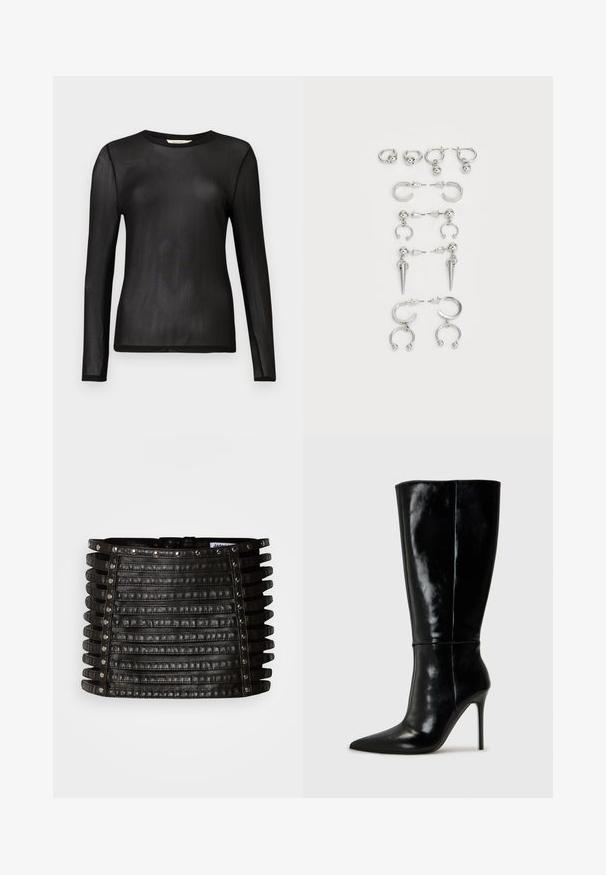 Top preto de mangas compridas feito de um tecido leve e transparente, com decote redondo e design ajustado. Textura lisa sem padrões ou adornos.; Mini saia preta de couro com detalhes em tiras horizontais e tachas prateadas ao longo da borda superior e dos lados verticais.; Botas de couro pretas até ao joelho com bico fino e salto alto de agulha. Textura suave e design elegante, com detalhes mínimos.; Conjunto de brincos de prata com diversos designs: argolas, studs e modelos pendentes, com acentos de bola e elementos pontiagudos.