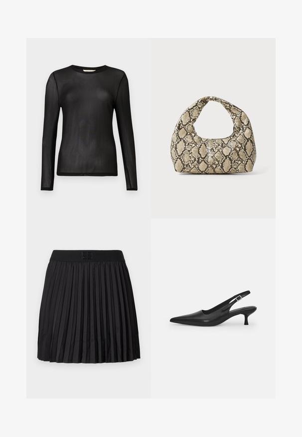 Mustapaita, jossa on pitkät hihat ja joka on valmistettu läpikuultavasta, kevyestä kankaasta. Pyöreä kaula-aukko ja tiivis malli. Silkkinen rakenne ilman kuvioita tai koristeita.; Mustat laskostetut hameet, joissa on sileä pinta, kiinteä musta vyötärö ja kohokuvioitu logo edessä.; Mustan nahkainen slingback-kengät, joissa on terävä nenä ja kapea, kaareva korko. Varustettu huomaamattomalla säädettävällä hihnalla, jossa on metallinen solki.; Käärmeennahkakuosiset käsilaukku, jossa on kaareva kahva. Tehty teksturoiduista beigeistä ja ruskeista materiaaleista, joissa on erottuva timanttikuvio.