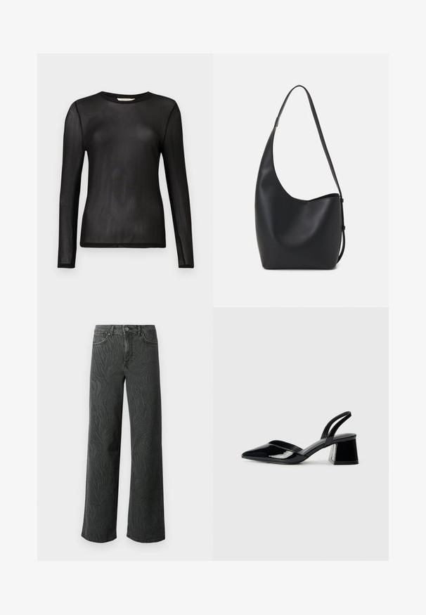 Zwarte, langmouwige top van doorschijnende, lichte stof met een ronde halslijn en een strakke pasvorm. Gladde textuur zonder patronen of versieringen.; Brede pijpen jeans in donkergrijs denim, met een subtiele zebra-structuur, contrasterende stiksels en een vijf-pocket ontwerp met een knoopsluiting.; Zwarte gepatineerde leren slingback hakken met een spitse neus en een geometrische blokhak. Kenmerkt zich door een slank, minimalistisch ontwerp en een gladde textuur.; Zwarte leren hobo tas met een gladde textuur, kromme vorm en een enkele verstelbare schouderband; heeft een brede opening aan de bovenkant.