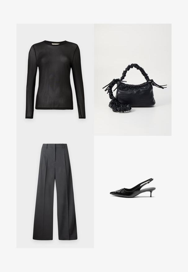 Musthave must must must mustmust; Tumesed püksid tumesinises kangas, kõrge vöökoht, üks voldik ning sile struktuur puhaste ääristega.; Musthave nahkased kõrged kontsad, millel on terav varvas, väike kitten-kont ja dekoratiivne sõlm ees. Ühtlane sile tekstuur.; Must must sünteetilisest nahast käekott, millel on krokodillimuster, kokku tõmmatav ülaosa ja kortsus rihm. Tundub pehme ja kompaktne disain.