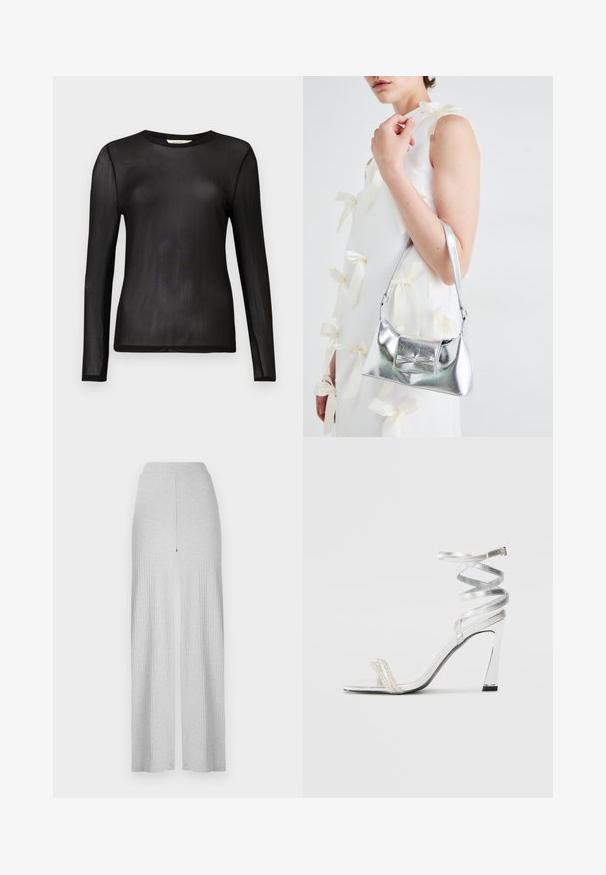 Haut noir à manches longues en tissu léger et transparent, avec un col rond et une coupe ajustée. Texture lisse sans motifs ni embellissements.; Pantalons larges côtelés gris clair avec une taille haute et une fente avant. Fabriqués en tissu doux avec une texture lisse.; Sandale à talons hauts argentée avec un design de lanière brillante, mettant en avant un accent semblable à une perle et une lanière de cheville en spirale pour un maintien sécurisé.; Sac à main métallisé argenté au design structuré, avec une poignée supérieure et un détail en nœud sur le devant. Texture lisse, fini réfléchissant.