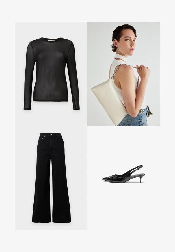 Črn dolg rokav, zgornji del iz prosojnega, lahkega materiala s krožnim izrezom in prilegajočim krojem. Gladka tekstura brez vzorcev ali okrasitev.; Črne široke jeans hlače iz jeansa, z visokim pasom, petimi žepi, sprednjo zapenjavo na gumbe in minimalnimi šivi.; Črne usnjene slingback pete z izostrenim nosom, majhno mačje peto in okrasno vozličasto podrobnostjo na sprednjem delu. Gladka tekstura po celotni površini.; Bela pravokotna torbica za ključe iz sijajnega materiala, opremljena s srebrno verižico. Model pozira in prikazuje torbico na enobarvni podlagi.