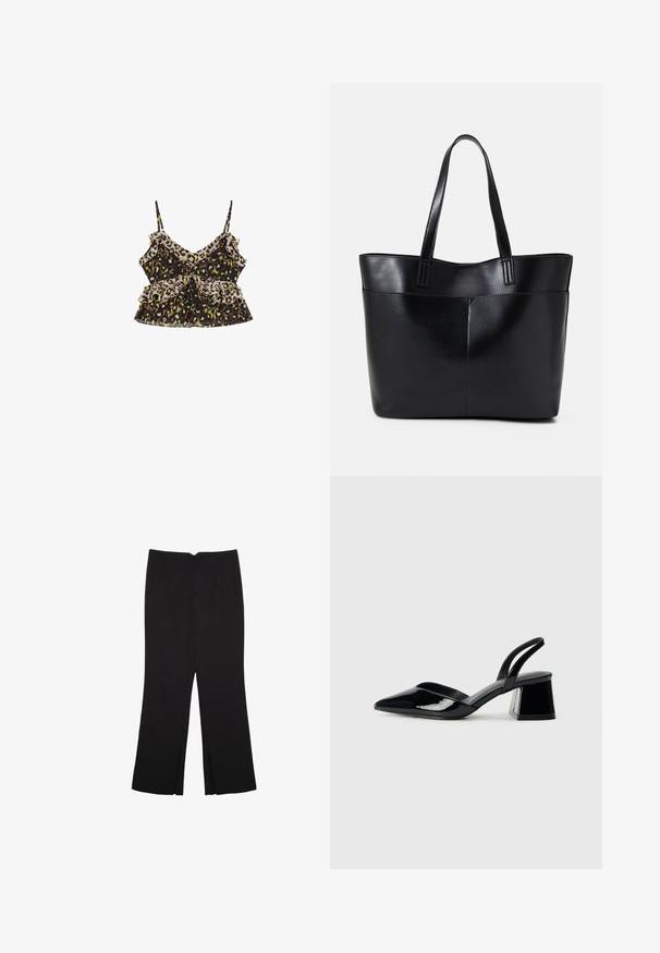 Scalpers PRINT - Top - khaki; Sorte bukser med lige pasform, der har frontlommer og slidser i kanten. Lavet af blødt, glat stof. Velegnet til forskellige anledninger.; Sorte patentlæder slingback hæle med spids tå og en geometrisk blok hæl. Har et elegant, minimalistisk design og en glat tekstur.; Sort læder tote taske med to lange håndtag, en glat tekstur og en struktureret form. Har en forlommem for ekstra opbevaring.