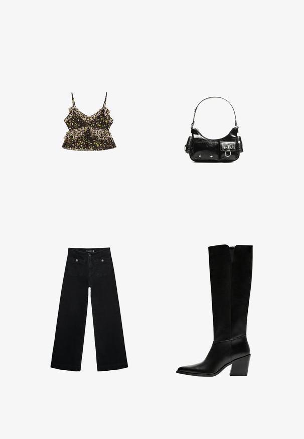 Scalpers PRINT - Top - khaki; Black wide-leg jeans with a high waist, featuring two front pockets and metal button accents. The fabric has a smooth texture.; Black knee-high boots made of smooth leather, featuring a pointed toe, a block heel, and a V-shaped cutout at the top.; Black patent leather handbag with a curved shape, one shoulder strap, front pockets, and silver-tone hardware accents.