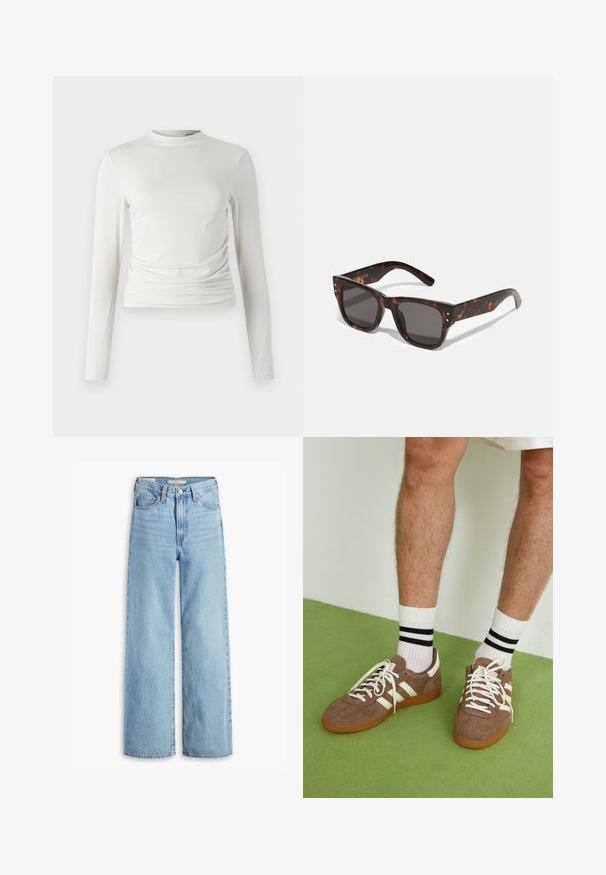 Top alb cu mânecă lungă și guler rotund, realizat dintr-un material neted, cu fronzuri laterale și o siluetă ajustată.; Blugi cu talie înaltă, de culoare albastru deschis, cu croi larg, prevăzuți cu nasture și fermoar la față, bucle pentru curea și un stil cu cinci buzunare.; Adidași maro din suede cu accente și șireturi albe. Talpă din cauciuc de culoare caramel. Purtați cu șosete albe cu dungi negre. Pardoseală verde texturată.; Ochelari de soare din material tortoise cu lentile închise la culoare, cadru pătrat și studuri argintii pe partea din față. Fabricati din plastic, ușori și durabili.; Geantă din piele împletită, de culoare maro, cu o formă triangulară, lejeră. Are un mâner împletit și închidere cu fermoar pe partea superioară.