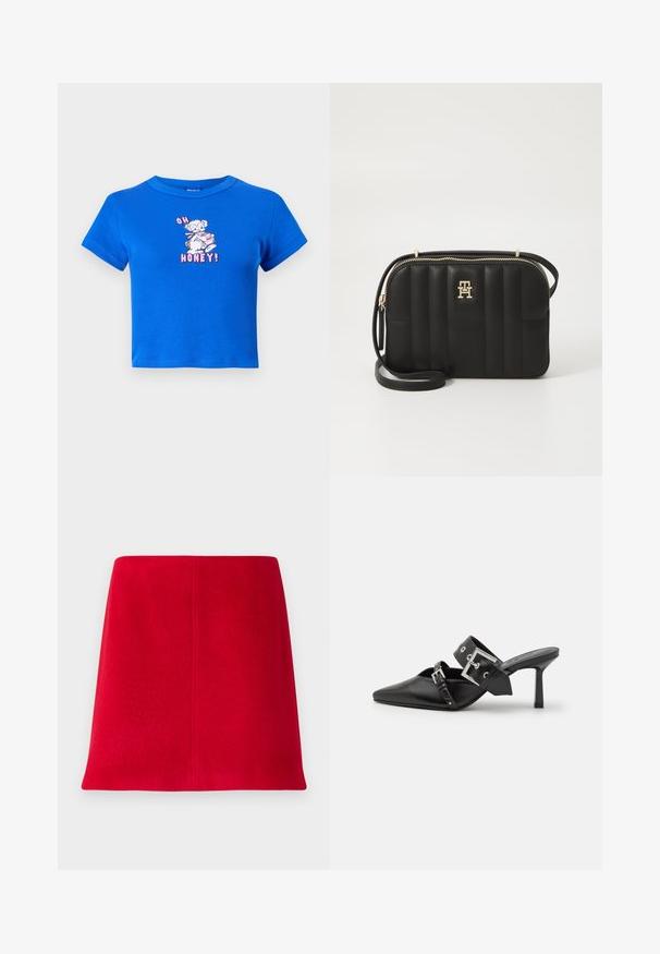 Sininen lyhythihainen, puuvillasta valmistettu crop-top, jossa on etupuolella karhun grafiikka ja teksti "OH HONEY!" vaaleanpunaisena. Lyhyet hihat ja pyöreä kaula-aukko.; Punaiset mini-hameet, jotka on valmistettu tekstuuripinnoitteisesta kankaasta ja joissa on suora leikkaus. Suunnittelu sisältää saumattoman etuosan ja siistit linjat ilman koristeita.; Musta korkeakorkoiset mokkasiinit, joissa on terävä kärki ja sileä nahka. Varustettu leveällä nilkkahihnalla, jossa on neliönmuotoinen hopea solki ja niittejä.; Musta vammattu olkalaukku, joka on valmistettu synteettisestä materiaalista. Laukussa on kultasävyiset yksityiskohdat, vetoketj closure ja logotiedot etupuolella.