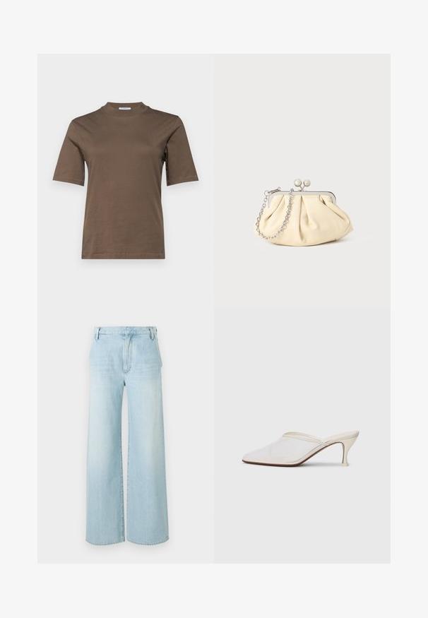 Filippa K MOCK NECK TEE - Basic T-shirt - driftwood; Light blue wide-leg jeans made of denim. Features a high waist, five-pocket design, and subtle fading with a clean hem.; White mesh pointed-toe mule with a slim mid-height heel and slip-on design against a plain background.; Pleated beige leather clutch with a silver metal frame, featuring two round decorative clasps and a silver chain strap.