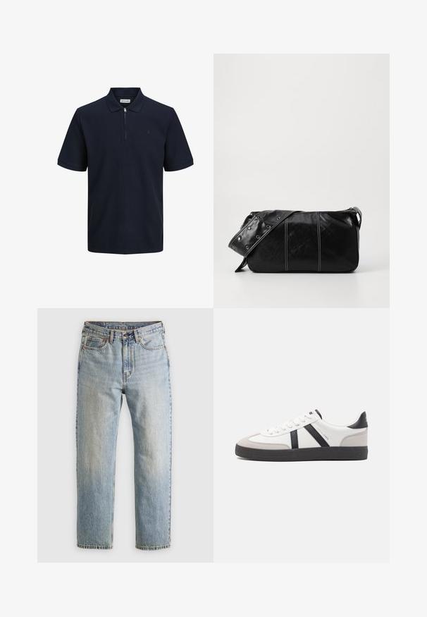 Polo shirt blu navy con maniche corte, tessuto texturizzato, colletto e zip metà. Presenta un piccolo logo sul lato sinistro del petto.; Jeans in denim azzurro chiaro con vita alta, bottone anteriore, cerniera e design a cinque tasche, adagiati su uno sfondo neutro.; Sneaker bianco con accenti neri e grigi, dotata di una punta grigia testurizzata, suola in gomma nera e lacci bianchi piatti. Design pulito, stile minimalista.; Borsa a spalla in pelle nera con chiusura a zip, caratterizzata da un corpo testurizzato, cuciture bianche e una tracolla con occhielli in argento.