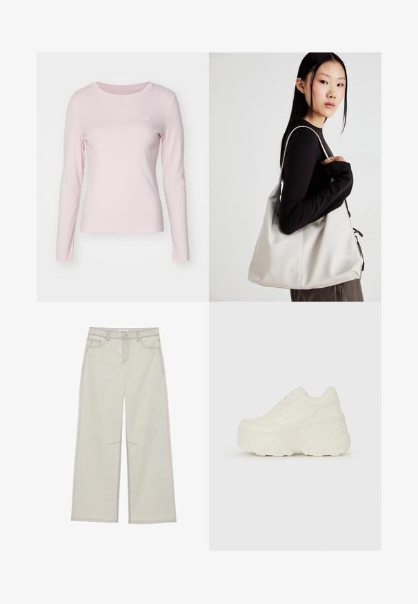 Levi's® ESSENTIAL TEE - Langarmshirt - potpourri; Hellgraue, weit geschnittene Hose mit fünf Taschen, vorderem Knopfverschluss und kontrastierenden Nähten. Der Stoff wirkt weich und langlebig.; Weiße Platform Sneakers mit einem glatten, lederähnlichen Obermaterial, abgerundeter Form, gepolstertem Kragen und strukturierten Gummisohlen mit ausgeprägten Stollen.; Beige Handtasche aus weichem Material, mit einem lässigen Design, gesteppten Details und zwei Schulterriemen. Geeignet für den täglichen Gebrauch.