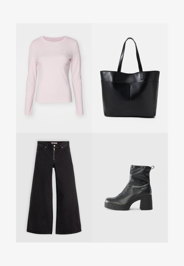 Levi's® ESSENTIAL TEE - Long sleeved top - potpourri; Wide-leg jeans in black denim with a zippered front, five-pocket design, and subtle stitching details. Smooth texture and casual style.; Black ankle boots made of smooth leather, featuring a side zipper, chunky textured heel, and rounded toe design.; Black leather tote bag with two long handles, a smooth texture, and a structured shape. Features a front pocket for additional storage.