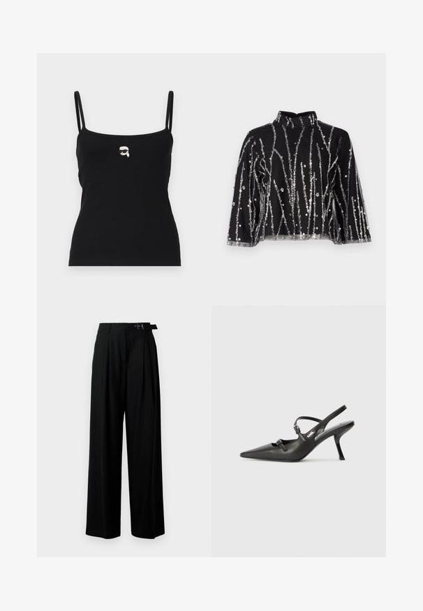 Svart ribbad tanktopp med tunna axelremmar, prydd med en liten vit grafik av en karaktär med solglasögon på framsidan.; Svart topp med høy hals, prydet med sølvfargede paljetter i vertikale linjer, gjennomsiktige ermer og teksturert stoff.; Svarte vide bukser med høy livlinje, folder foran og belte med spenne. Laget av glatt, lett materiale.; Sorte skinn slingback-hæler med spiss tå, slank hæl og dekorativ spenne detalj på vampsiden. Glatt tekstur og stilrent design.