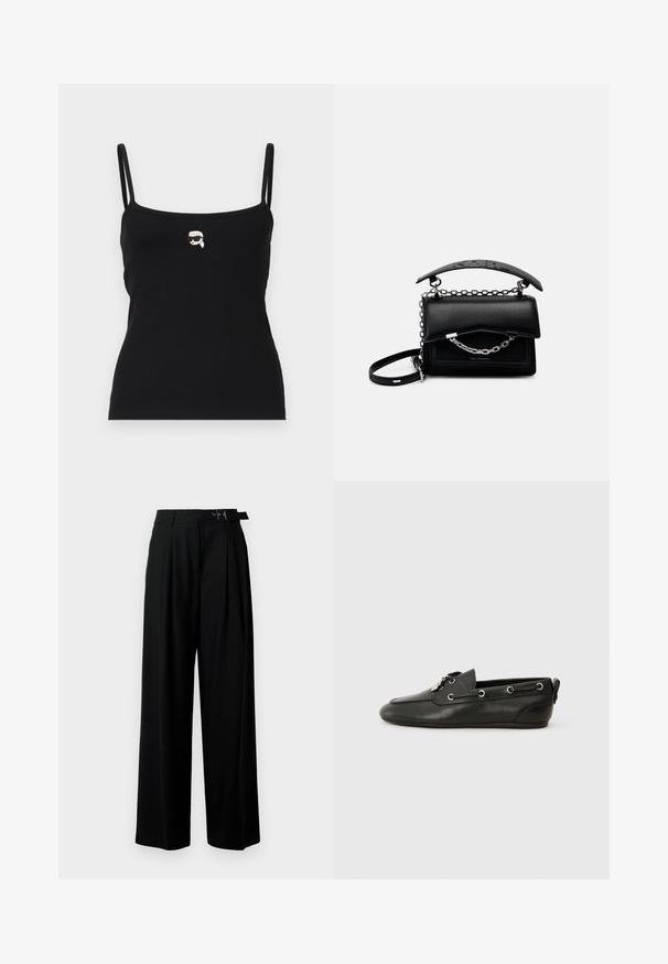 Top negro de canalé con tirantes finos, que presenta un pequeño gráfico blanco de un personaje con gafas de sol en el frontal.; Pantalones de pierna ancha negros con cintura alta, pliegues en la parte delantera y un cinturón con hebilla. Confeccionados con una tela suave y liviana.; Zapatos de barco de cuero negro con punta redonda, parte delantera con cordones, ojales de metal y suela plana. Presenta una pequeña pestaña en la parte trasera.; Bolso de mano de cuero negro con un diseño estructurado, acentos de cadena y asa, y una superficie texturizada. Presenta un cierre con solapa con la marca visible.