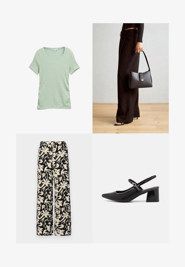 Hele roheline lühikeste varrukatega särk, mis on valmistatud tekstureeritud kangast. Särgil on ümmargune kaelus ja külgedel on volditud detailid, mis loob liibuva ilme.; Mustad laiad püksid kreemja lillemustriga. Valmistatud kergest kangast, millel on sile tekstuur ja kõrge vöökoht.; Mustad läikivad nahast slingback-kõrged kontsad, millel on terav nina, ümar lõikekujundus ja blokknina. Omab kuldset nupu aktsenti.; Must musta kott, millel on struktureeritud kuju, sile tekstuur ja metallist klamber. Kombineeritud laiate mustade pükstega ja avatud varvaste sandaalidega puidust põrandal.