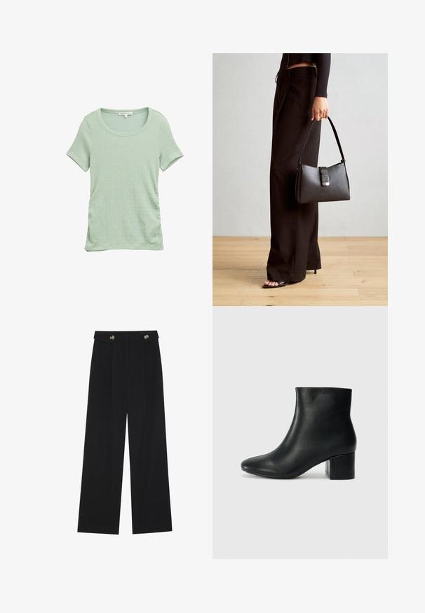 Hele roheline lühikeste varrukatega särk, mis on valmistatud tekstureeritud kangast. Särgil on ümmargune kaelus ja külgedel on volditud detailid, mis loob liibuva ilme.; Mustad laiad püksid kõrge vöökoha ja nööpdetailidega vööandil, esikortsudega.; Mustad nahast pahkluu saapad terava varbaga ja jämeda kandaga. Sile tekstuur minimaalse aktsentidega ja stiilne, lihvitud disain.; Must musta kott, millel on struktureeritud kuju, sile tekstuur ja metallist klamber. Kombineeritud laiate mustade pükstega ja avatud varvaste sandaalidega puidust põrandal.