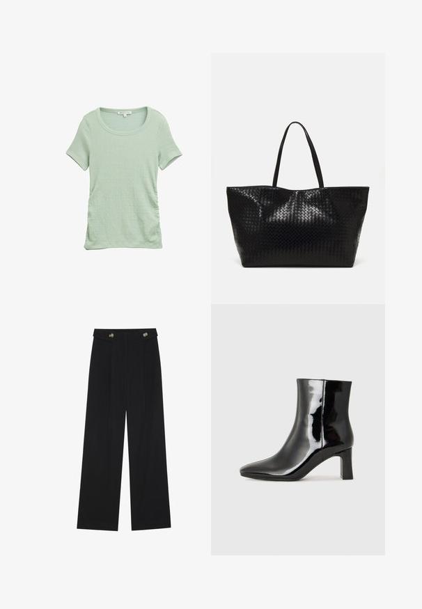 Svetlo zelena kratko rukava majica iz teksturiranega blaga, z okroglo ovratnikom in nabranimi detajli ob straneh za prilegajoč videz.; Črne široke hlače s visokim pasom, gumbnimi detajli na pasu in sprednjimi gubami.; Črne lakirane gležnjarje z ošiljenim nosom in srednje visokim blokastim peto. Gladka tekstura in minimalističen dizajn.; Črna tkanina torba s trdnimi ročaji, ki ima sijočo teksturo in prostoren odprt zgornji dizajn.