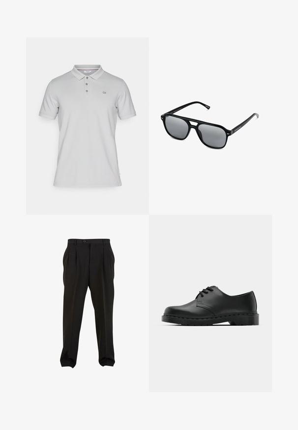 Světle šedá polo košile vyrobená z měkké bavlny, s třemi knoflíky, krátkými rukávy a malým logem CK na levé hrudi.; Černé kalhoty z hladké tkaniny, se zapínáním na tlačítko v pase, předními sklady a zúženými manžetami u kotníků. Klasický elegantní střih.; Černé kožené oxfordy s šněrováním, zakulacenou špičkou, plochou gumovou podrážkou a jemným prošíváním podél svršku.; Černé sluneční brýle s obdélníkovými rámy, šedými tónovanými skly a designem s výřezem ve střední části. Hladký, lesklý plastový materiál, s úzkými stranami.