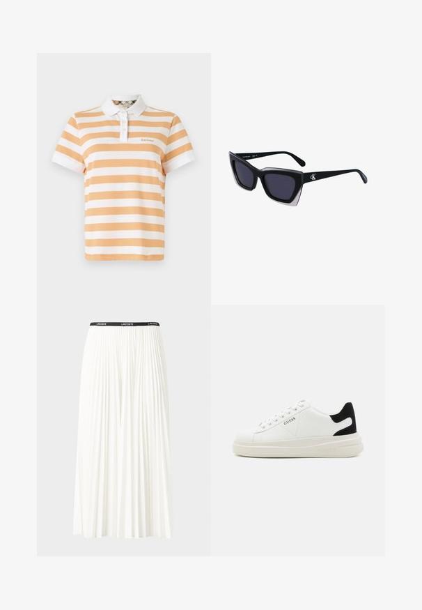 Lühikeste varrukatega polo särk, millel on oranžid ja valged horisontaalsed triibud, nööbitav krae ja väike sissebroderdatud logo rinnal.; Kurtitudega valge seelik musta elastse vööga, millel on "LACOSTE" logo. Keskmise pikkusega disain pehme tekstuuriga.; Valged nahast tennisetossud paksu valge tallaga, musta sametist kontsakeeuga ja külje peal riigilogo reljeefne kujundus. Lukkeskeem kuue silmaauguga.; Mustad suured mustad prillid geomeetrilise kujuga, tumedate läätsedega ja kontrastse halli detailiga raamidel. Logo käe peal.