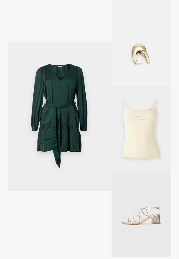 Lys gul, ribbet tank topp med tynne, justerbare stropper og et lite blått fiskegrafikk i midten. Glatt tekstur, tettsittende design.; Grønn langermet kjole i myk, teksturert stoff. Har v-hals, belte i midjen og et lagdelt skjørt. Enkelt, elegant design.; Gylden metallisk sandale med striper, firkantet blokkheel og åpen tå. Har tynne stropper og en justerbar bakre ankelstropp.; Gul faux-krokodille veske med en strukturert design, toppen håndtak, avtagbar kjede stropp, og dekorativ krystallbortsettelse på låsen.; Gullfarget metalløredobber med et elegant, buet design. Har en karakteristisk spiss form, polert overflate og hengsel-lukking.