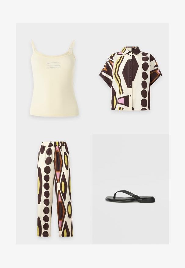 Lys gul, ribbet tank topp med tynne, justerbare stropper og et lite blått fiskegrafikk i midten. Glatt tekstur, tettsittende design.; Kortermet skjorte med krage laget av bomull, med et geometrisk mønster i brun, krem, rosa og grønn, utstyrt med svarte knapper.; Bukser med elastisk liv i let materiale, med en cremefarvet baggrund udsmykket med store brune, gule, lyserøde og orange geometriske mønstre.; Sorte flip-flop laget av glatt lær, med en tynn stroppdesign og en flat såle med et minimalistisk utseende. Ingen bemerkelsesverdige mønstre eller aksenter.