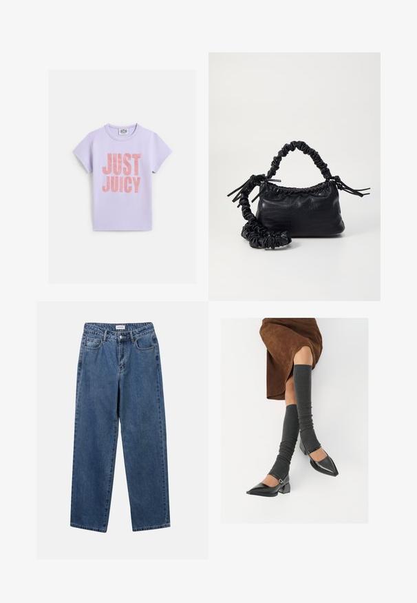 Lila bombažna majica s kratkimi rokavi, z velikim kovinsko roza napisom "JUST JUICY" na sprednji strani. Standarden kroj z okroglim vratom.; Klasične modre jeans hlače s ravnim krojem, petimi žepi in gumbom za zapiranje. Imajo srednje pranje in trdno teksturo.; Črne lakirane čevlje s pointy prsti in blok peto ter z naramnicami za gleženj, ki jih kombiniramo s sivimi rebrastimi nogavicami in rjavim suknjičem iz usnja.; Črna torbica iz umetnega usnja s krokodilovo teksturo, z zvitim vrhom in zmečkano naramico. Zdi se mehka in kompaktna v oblikovanju.