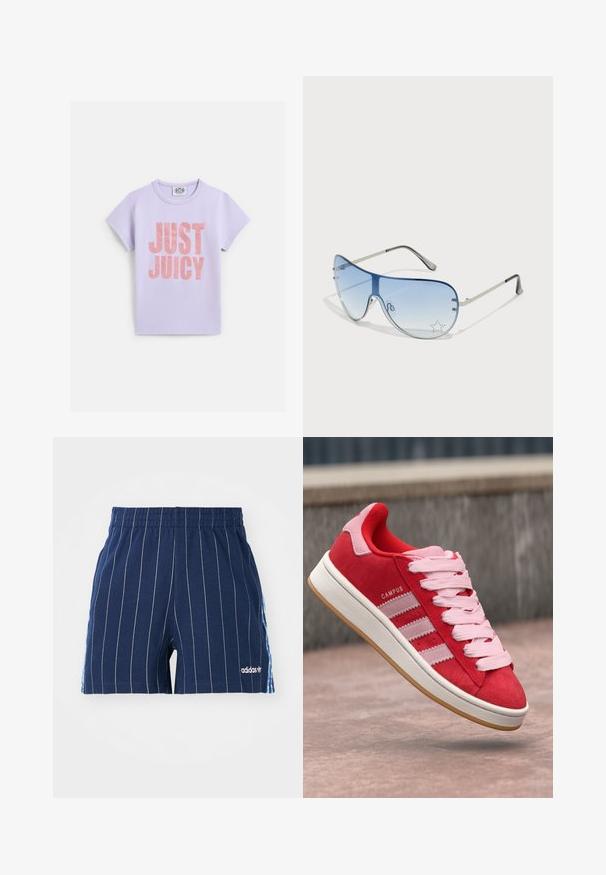 Fialové bavlněné tričko s krátkými rukávy, s velkým metalickým růžovým nápisem "JUST JUICY" na přední straně. Standardní kulatý výstřih.; Námořnické modré šortky s bílými proužky, elastickým pasem a logem Adidas. Mají modré akcenty po stranách a jsou vyrobeny ze směsi bavlny.; Červené semišové tenisky s růžovými akcenty, se třemi bílými pruhy a světle růžovými tkaničkami. Bílé mezipodešve a podešev z gumy.; Pilotské sluneční brýle s modrými gradientními skly, stříbrným kovovým rámem a dekorativními hvězdnými akcenty na sklech. Hladký a elegantní design.
