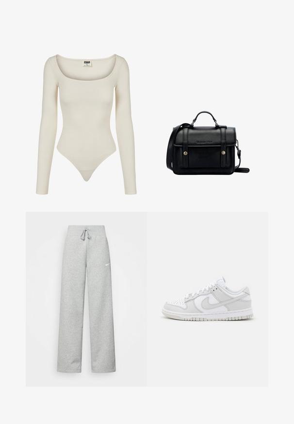 Lange mouw bodysuit in beige, met een ronde halslijn en een fitted design. Gemaakt van soepel, rekbaar materiaal met een pluimonderkant.; Grijze sweatpants met een elastische tailleband, een trekkoord-detail en een klein wit Nike-logo op de linkerdij. Zachte stof, losvallend.; Witte leren sneakers met grijze accenten, geperforeerde teen, platte veters, gevoerde kraag en een gemanipuleerde rubberen zool.; Zwarte leren schoudertas met een gestructureerd ontwerp, handvat bovenaan, verstelbare schouderband, voorklep en metalen accenten. Voorzien van branding aan de voorkant.