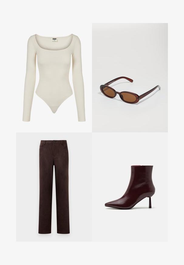 Body a maniche lunghe in beige, con scollatura a barca e design aderente. Realizzato in un tessuto liscio e elastico con taglio a perizoma.; Pantaloni in suede marrone scuro a gamba dritta con chiusura anteriore a bottone e zip, passanti per cintura e tasche laterali.; Stivale alla caviglia in pelle laccata bordeaux con punta affusolata e tacco stiletto sottile, caratterizzato da una texture liscia e lucida e da un design minimalista.; Occhiali da sole rotondi con tonalità marrone, montatura lucida color bordeaux. Aste sottili con un sottile dettaglio del marchio. Design delle lenti piatte.; Borsa intrecciata color bordeaux con forma arrotondata e manico singolo, dotata di una superficie testurizzata e chiusura a coulisse elastica.