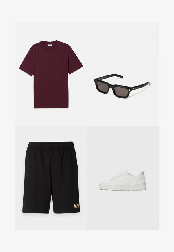 Burgundy cotton t-shirt with a crew neck, short sleeves, and a small white "NN. 07" logo on the chest. Smooth texture, standard fit.; Black athletic shorts made of soft fabric,Featuring an elastic waistband and a small yellow EA7 logo on the lower left leg.; White leather sneaker with a smooth finish, round toe, flat laces, and a textured sole. Features a subtle logo on the heel.; Black rectangular sunglasses with dark lenses, thick plastic frame, gold accents on temples, and brand logo engraved on the arm.