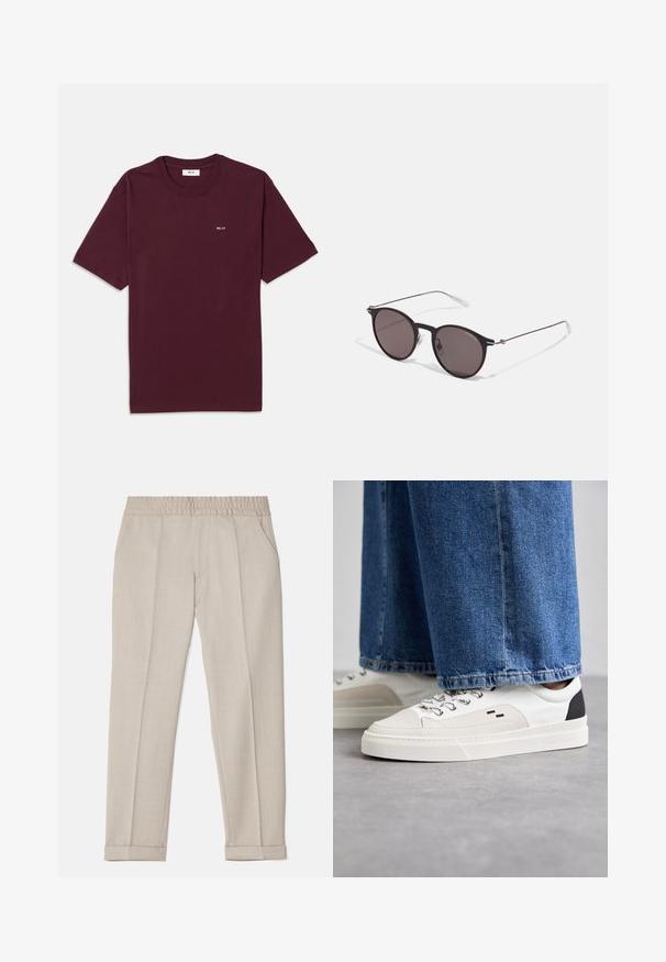 Burgundowa bawełniana koszulka z okrągłym dekoltem, krótkimi rękawami i małym białym logo "NN. 07" na klatce piersiowej. Gładka tekstura, standardowy krój.; Filippa K TERRY  szary; Białe i czarne sneakersy z gładką skórzaną cholewką, teksturowanymi akcentami oraz masywną białą podeszwą. Posiadają klasyczny system sznurowania.; Czarne okrągłe okulary przeciwsłoneczne z ciemnymi soczewkami i smukłymi metalowymi ramkami. Zawierają przezroczyste końcówki zauszników oraz srebrne akcenty przy zawiasie. Minimalistyczny design.