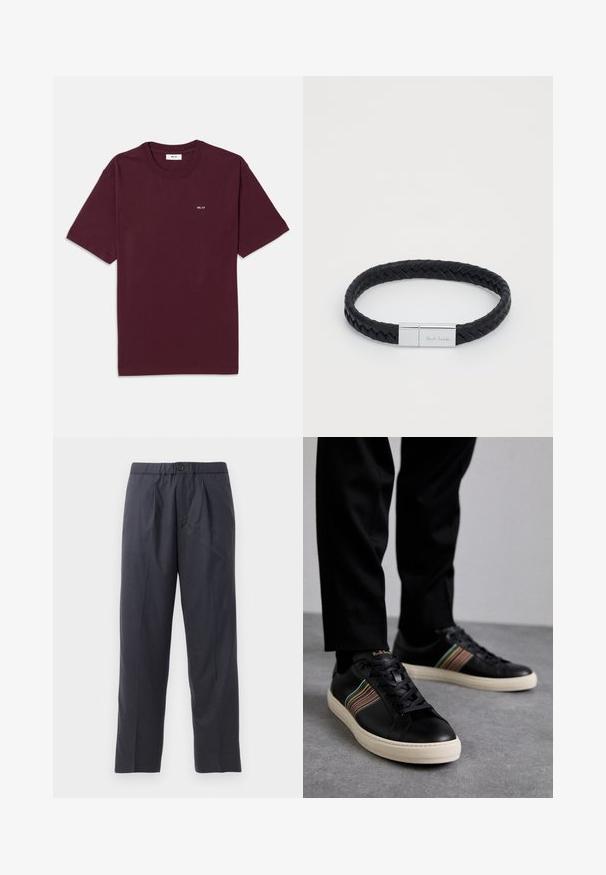 Burgundy cotton t-shirt with a crew neck, short sleeves, and a small white "NN. 07" logo on the chest. Smooth texture, standard fit.; Dark navy trousers made of soft fabric with a pleated front design and elastic waistband. Features a button closure and straight-leg cut.; Black leather sneakers with multicolored striped accents, round toe, and white rubber soles, featuring lace-up design and embossed branding.; Black braided leather bracelet with a silver-tone clasp featuring the engraved name "Paul Smith." Smooth texture and circular design.