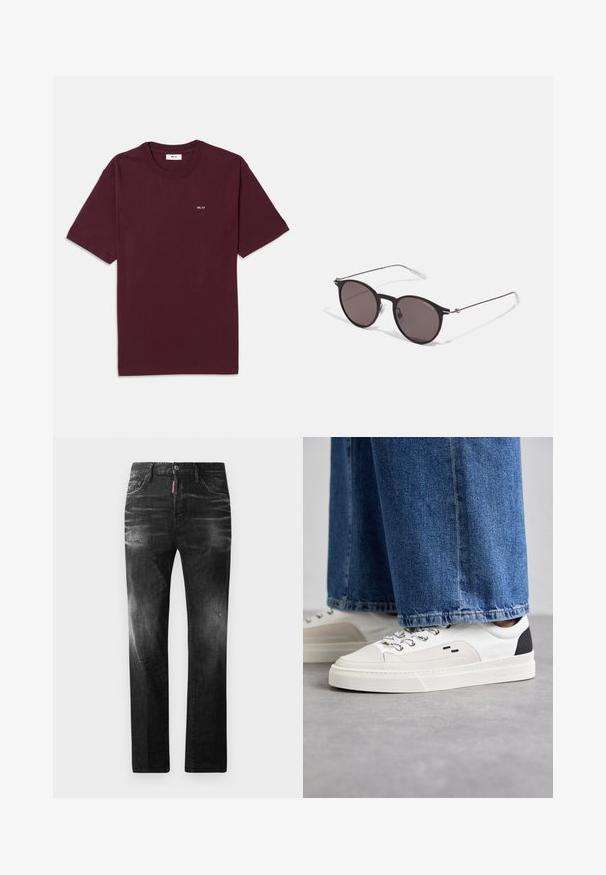 Burgunderfarbene Baumwoll-T-Shirt mit Rundhalsausschnitt, kurzen Ärmeln und einem kleinen weißen "NN. 07" Logo auf der Brust. Glatte Textur, normale Passform.; Schwarze Jeans aus Denim mit geradem Schnitt. Verfügt über ausgebleichte Bereiche, leichte Abnutzung, klassisches Fünf-Taschen-Design und einen Knopfverschluss.; Weiße und schwarze Sneaker mit einem Obermaterial aus glattem Leder, strukturierten Akzenten und einer massiven weißen Sohle. Verfügt über ein klassisches Schnürdesign.; Schwarze runde Sonnenbrille mit dunklen Gläsern und schlanken Metallbügeln. Enthält klare Tempelspitzen und silberne Akzente am Scharnier. Minimalistisches Design.