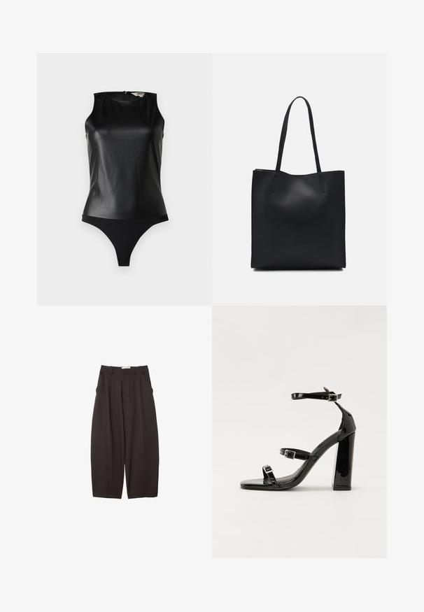 Schwarzer ärmelloser Bodysuit mit einem glatten, kunstledernen Oberteil und einem kontrastierenden, mattschwarzen Unterteil. Verfügt über einen Reißverschluss auf der Rückseite für ein einfaches An- und Ausziehen.; Schwarze weit geschnittene Hosen aus einem glatten Stoff, mit hoher Taille, Frontfalten und Seitentaschen. Schlichtes Design ohne Verzierungen.; Schwarze patentierte Sandalen mit Absatz, quadratischer Spitze, Knöchelriemen und silbernen Schnallen. Mit einem stabilen Blockabsatz für mehr Stabilität.; Schwarze Laptoptasche aus Leder mit glatter Textur, rechteckiger Form und zwei langen Griffen. Keine sichtbaren Beschläge oder Verzierungen.