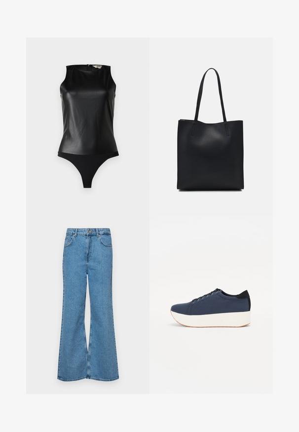 Fekete ujjatlan bodysuit sima, műbőr felső résszel és kontrasztos matt fekete alsó résszel. Hátul cipzárral záródik, hogy megkönnyítse az öltözködést.; Világoskék, trapézszárú farmernadrág, magas derékkal, öt zsebbel és egy gombos záródással. Puha tapintású, magasított effektusú anyag.; Sötétkék sportcipő, texturált szövet felsőrész, fehér platform talp, lekerekített orr és fekete sarok akcentussal. Hat fűzőlyuk található rajta.; Fekete bőrtáska sima felszínnel, téglalap alakú, két hosszú füllel. Nincs látható fémkiegészítő vagy díszítés.