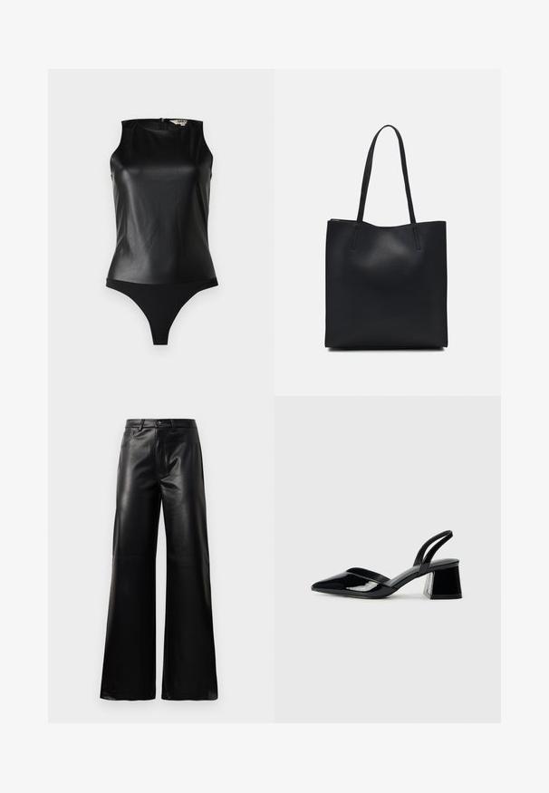 Zwarte mouwloze bodysuit met een gladde, faux leren bovenkant en een contrasterende matte zwarte onderkant. Voorzien van een ritssluiting op de rug voor eenvoudig aan- en uittrekken.; Zwarte high-waisted wide-leg neplederen broek met een voorste knoop, ritssluiting, riemlussen en zijzakken op een witte achtergrond.; Zwarte gepatineerde leren slingback hakken met een spitse neus en een geometrische blokhak. Kenmerkt zich door een slank, minimalistisch ontwerp en een gladde textuur.; Zwarte leren handtas met een gladde textuur, rechthoekige vorm en twee lange handvaten. Geen zichtbare hardware of versieringen.